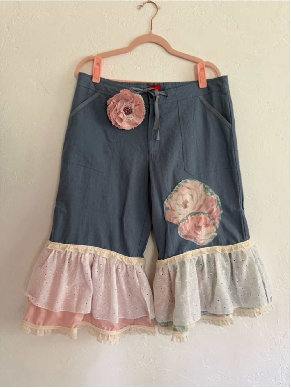 Upcycled Boho Ruffle Wide Leg Linen Blend Bloomer Pants Size 15 Large/XL - Picture 2 of 8